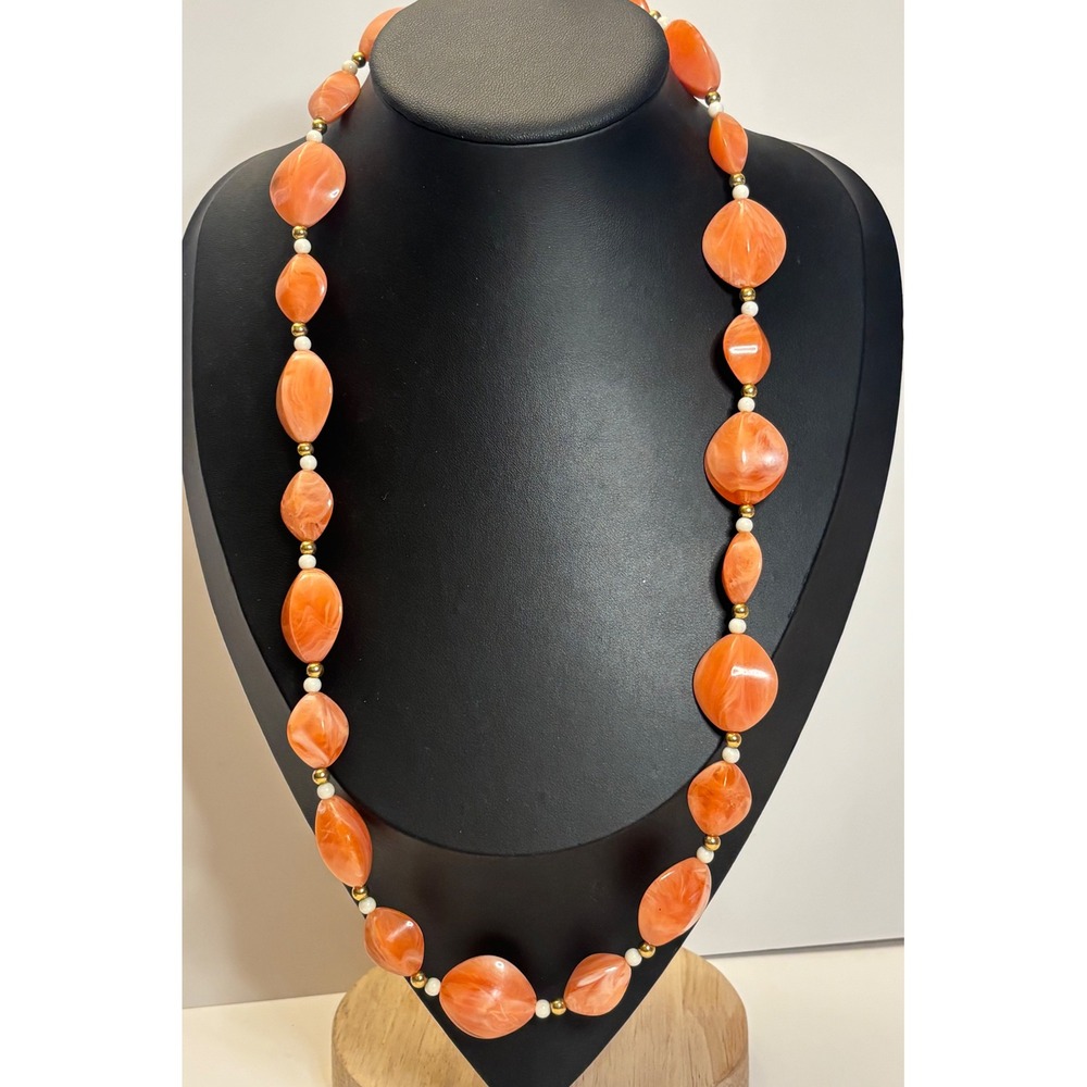 Vintage 1950s Avon Marbled Pink Salmon Gold Acrylic Bead Necklace Mid Century
